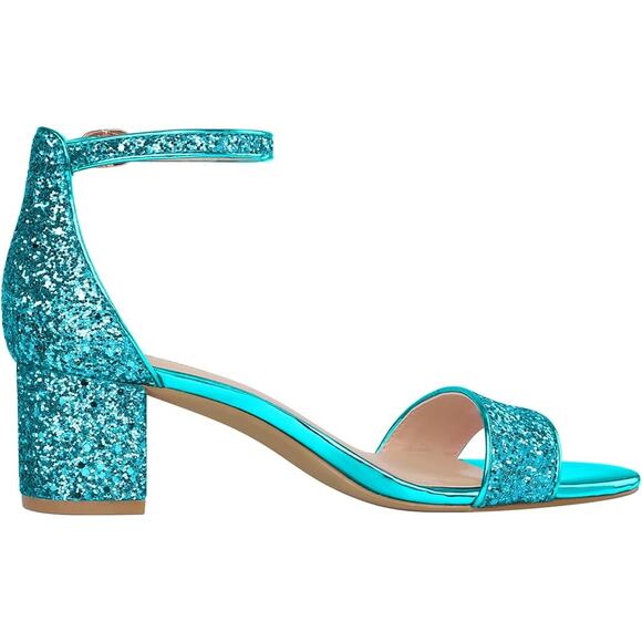 Pizz Annu Womens 6 Blue Glitter Sparkle Open Toe 2" Block Heel Ankle Strap Shoes - Picture 3 of 6